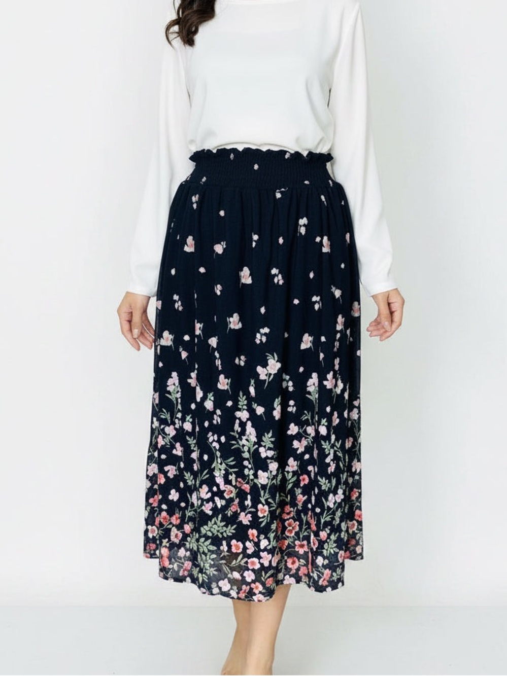 Navy Floral Smocked Waist Midi Skirt - Picture 1 of 11